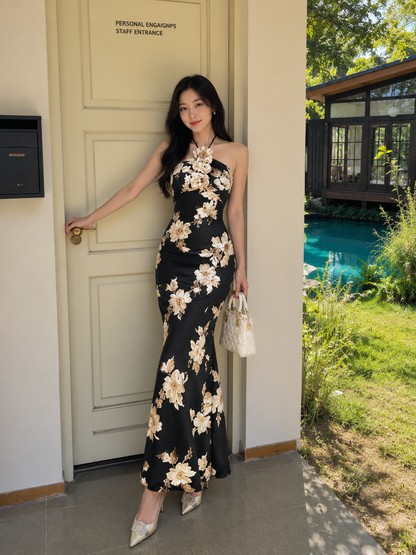 3D Floral Applique Halter Mermaid Gown