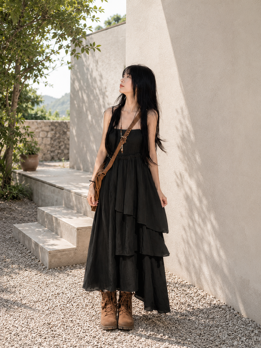 Smocked Tiered Asymmetrical Maxi Dress