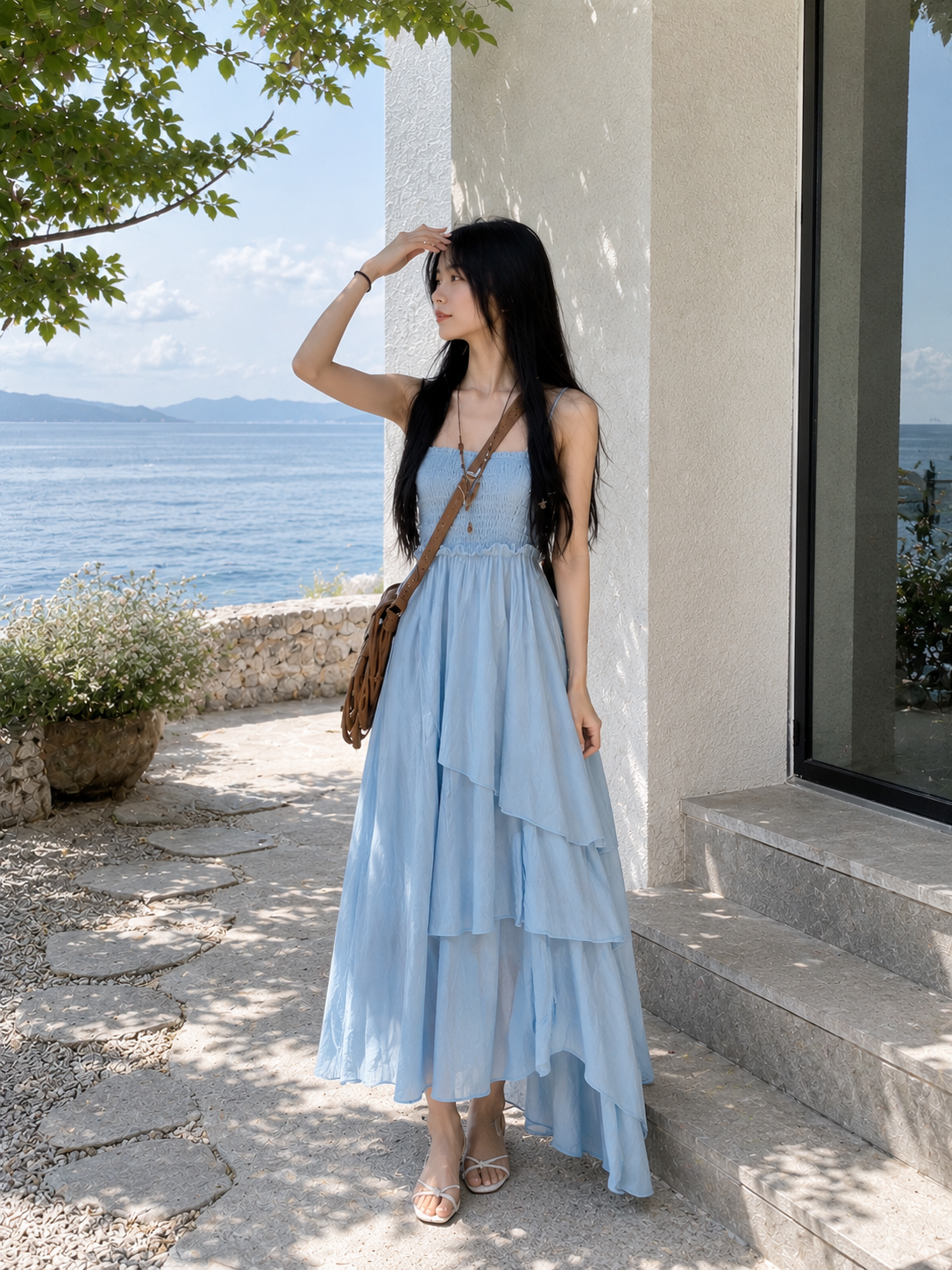 Smocked Tiered Asymmetrical Maxi Dress