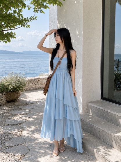Smocked Tiered Asymmetrical Maxi Dress