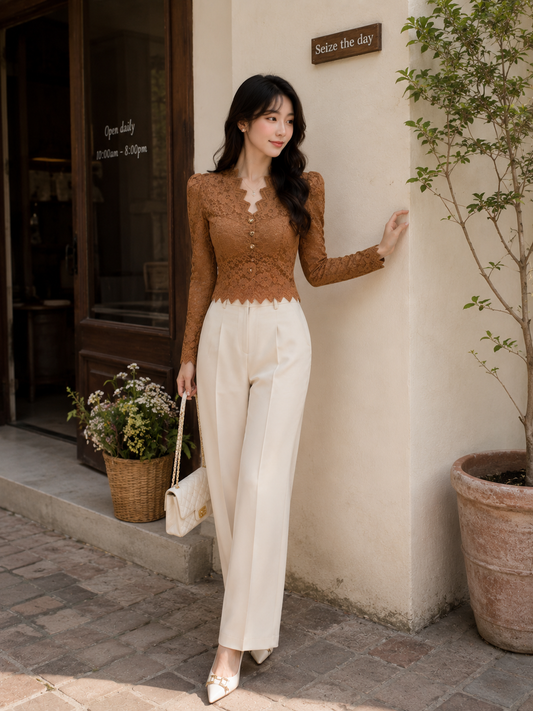 Scalloped V-Neck Lace Blouse