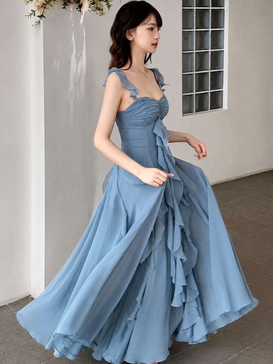 Cascading Ruffle Chiffon Maxi Dress