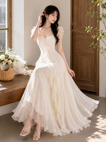 Cascading Ruffle Power Net Maxi Dress