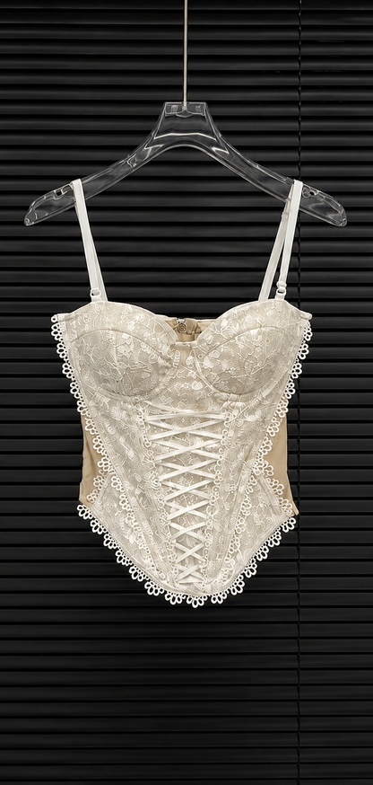 Lace-Overlay Lace-Up Corset Padded Top