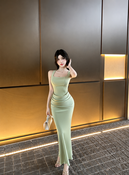Satin Corset Ruched Mermaid Maxi Dress