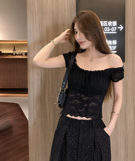 Ruched Lace Tie-Front Off-Shoulder Blouse