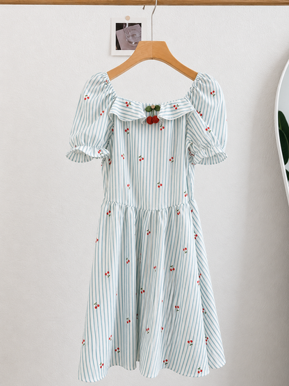 Cherry Ruffle Puff-Sleeve Dress