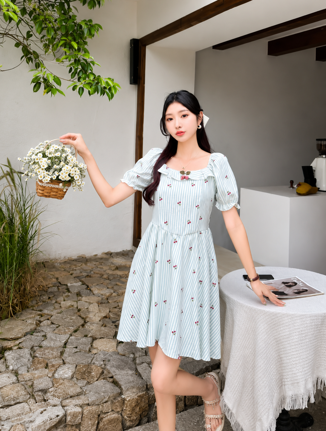 Cherry Ruffle Puff-Sleeve Dress