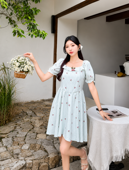 Cherry Ruffle Puff-Sleeve Dress