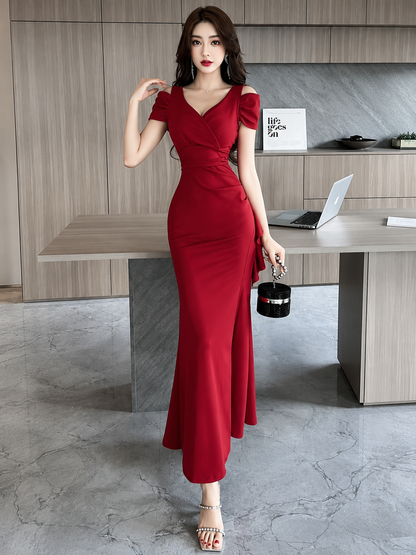 Cold-Shoulder Ruffle Split Gown