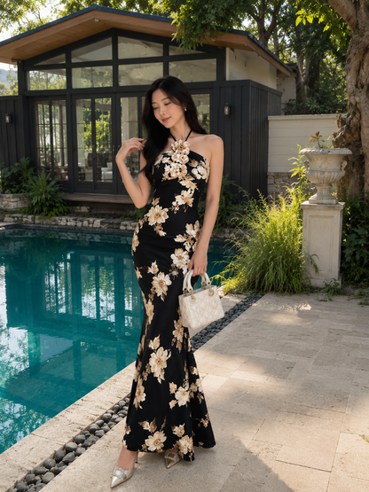 3D Floral Applique Halter Mermaid Gown