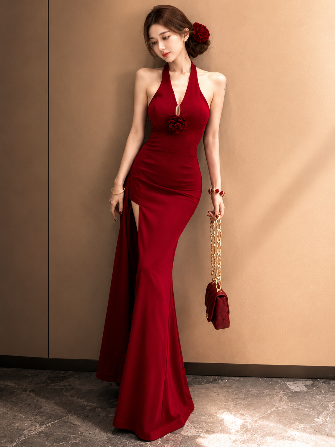 Woman in a red evening gown holding a matching handbag against a beige wall.