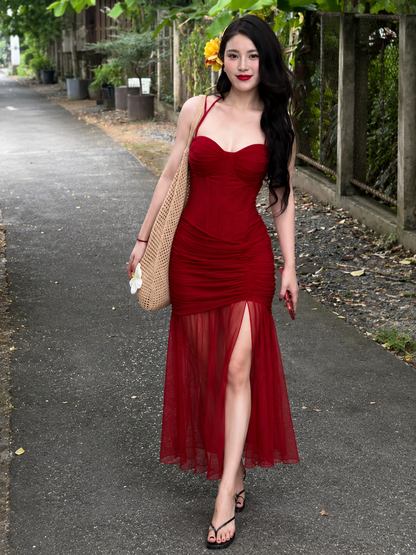 Ruched Corset Mesh Dress