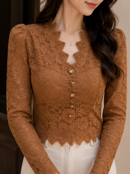 Scalloped V-Neck Lace Blouse