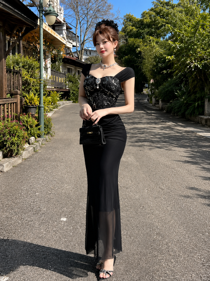 Sequin Lace Bodice Cap-Sleeve Gown