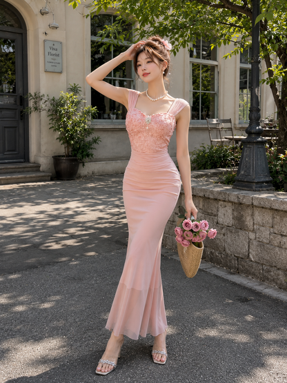 Sequin Lace Bodice Cap-Sleeve Gown