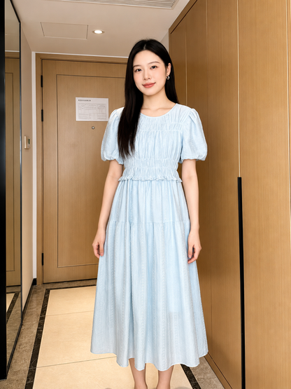 Smocked Puff-Sleeve Tiered Midi Dress