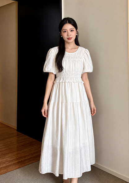 Smocked Puff-Sleeve Tiered Midi Dress
