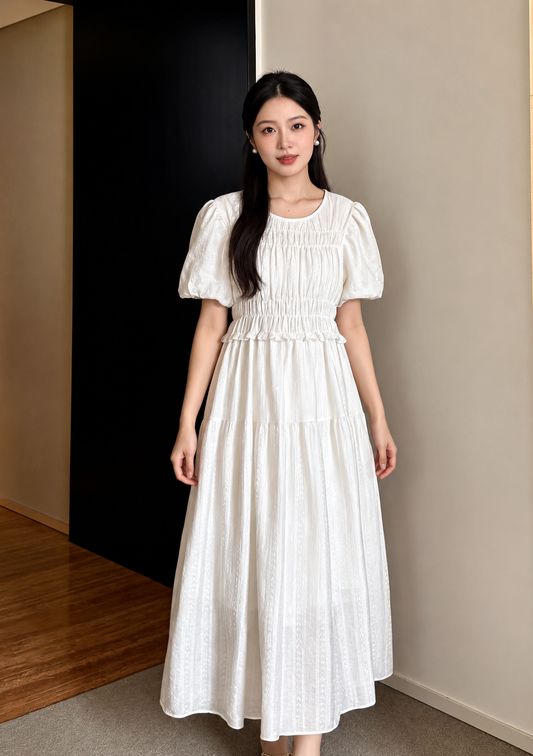 Smocked Puff-Sleeve Tiered Midi Dress
