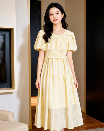 Smocked Puff-Sleeve Tiered Midi Dress