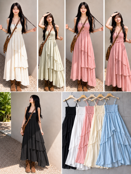 Smocked Tiered Asymmetrical Maxi Dress