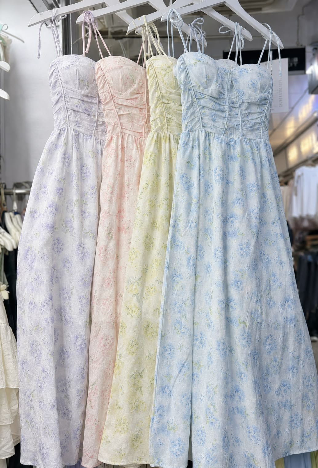 Noodle Strap Ruched Bustier Floral Cotton Midi Dress