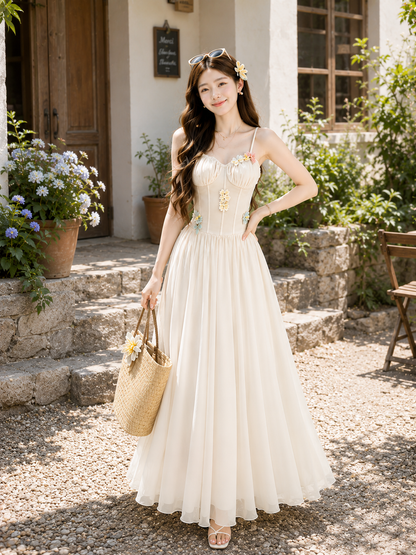 3D Floral Applique Corset Maxi Dress
