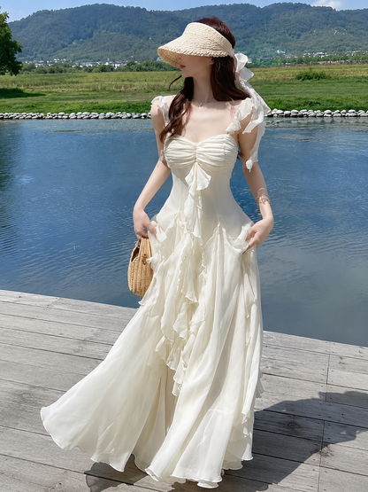 Cascading Ruffle Power Net Maxi Dress