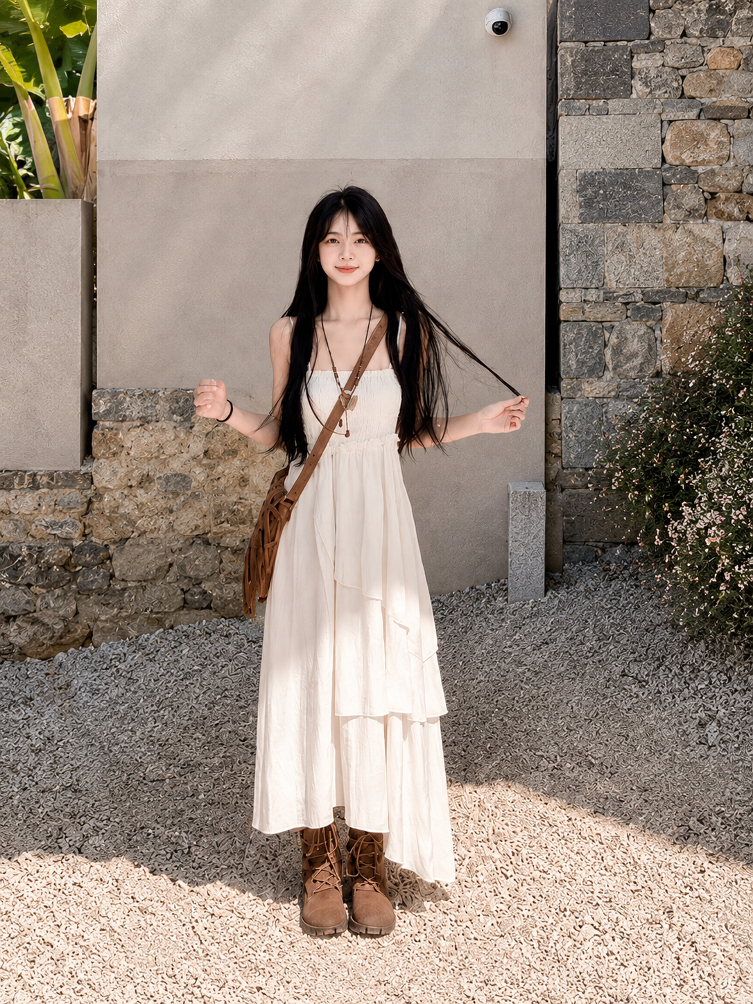 Smocked Tiered Asymmetrical Maxi Dress