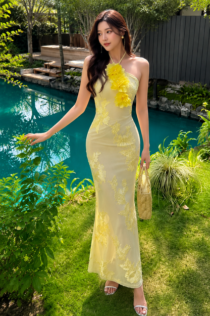 3D Floral Applique Halter Mermaid Gown