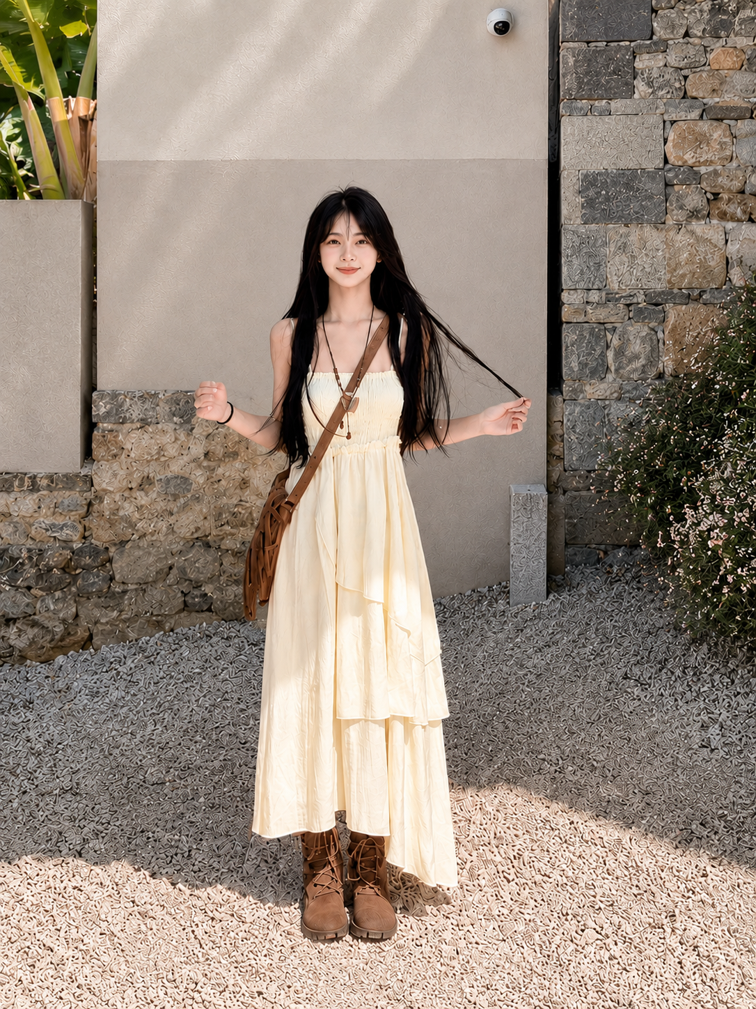 Smocked Tiered Asymmetrical Maxi Dress