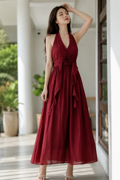 3D Rosette Halter Pleated Cotton Maxi Dress