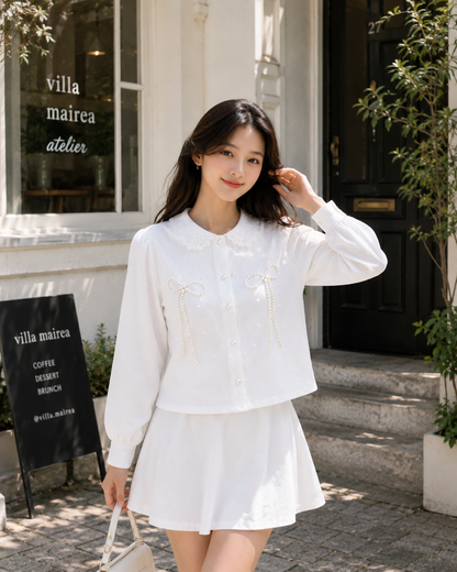 Pearl Bow Embroidered Lace-Collar Shirt