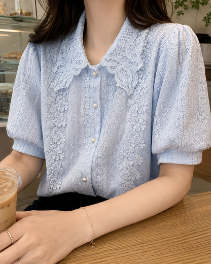 Statement Collar Floral Lace Shirt