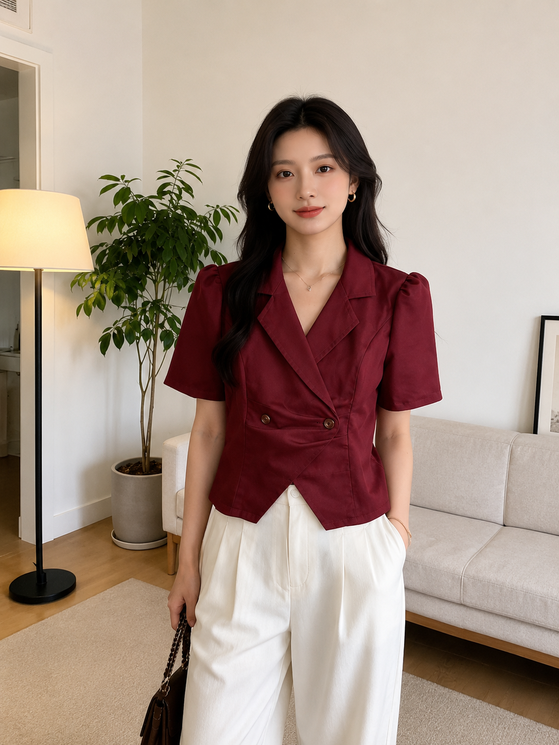 Double-Breasted Asymmetric Hem Short-Sleeve Top