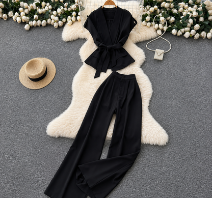 Belted Draped Vest and Wide-Leg Trousers Set