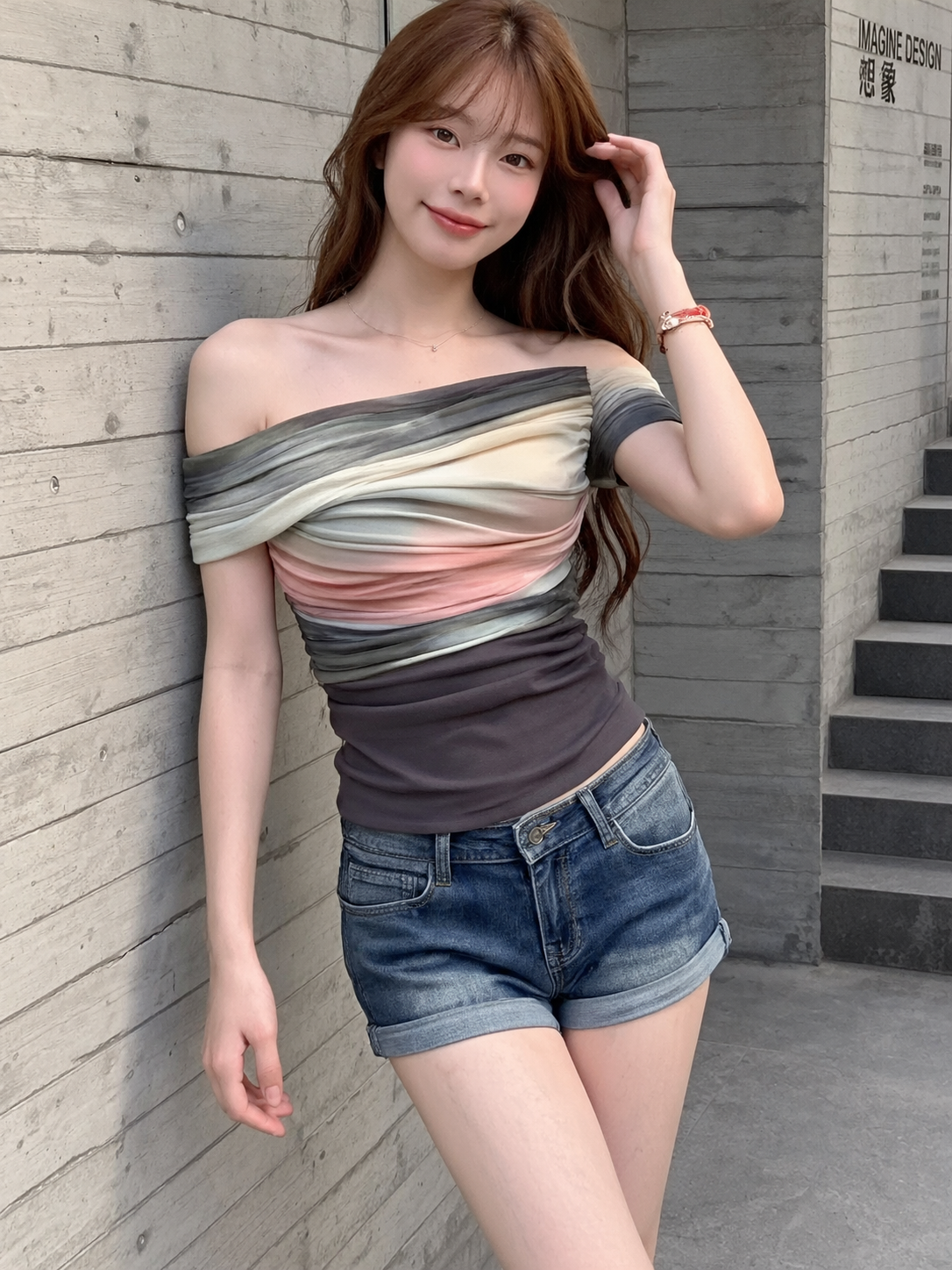 Watercolor Ombré Ruched Off-Shoulder Top