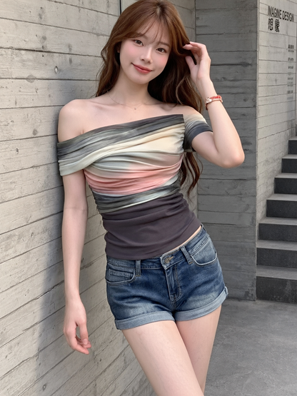 Watercolor Ombré Ruched Off-Shoulder Top