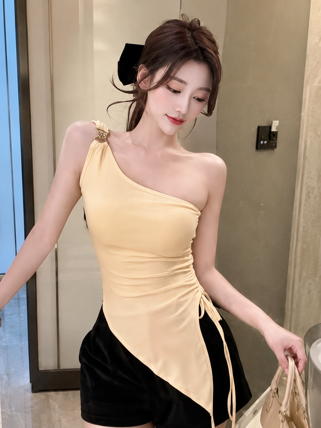 Asymmetric Ruched One-Shoulder Top with Ring Accent