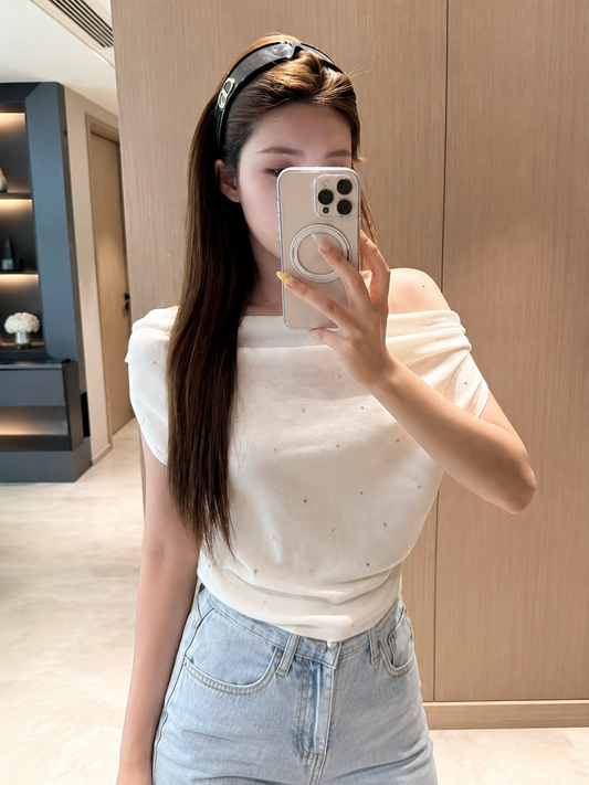Rhinestone Off-Shoulder Draped Knit Top
