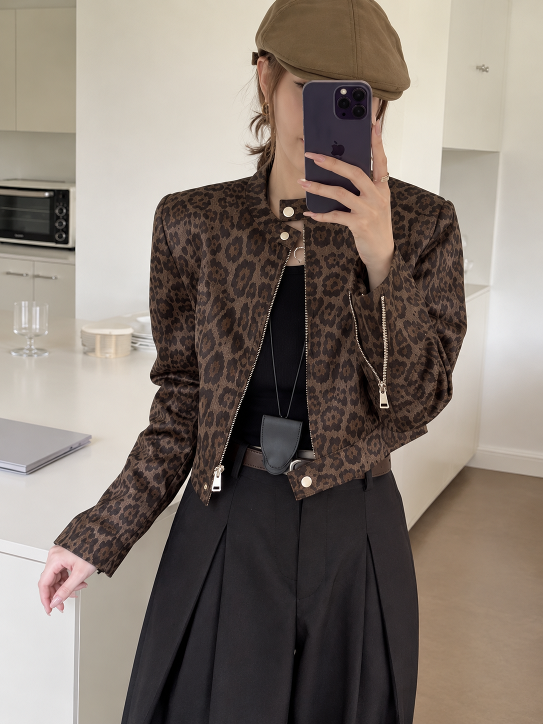 Cropped Leopard Print Moto Jacket