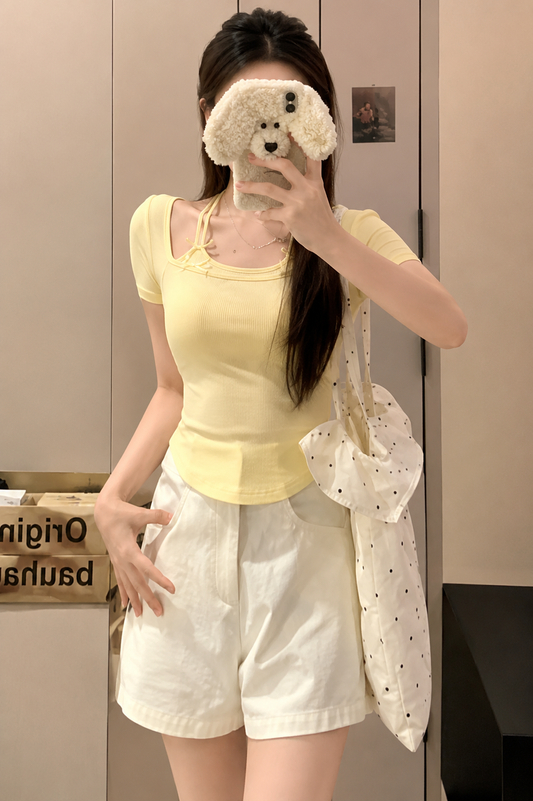 Faux Layered Halter-Neck Bow Padded Tee