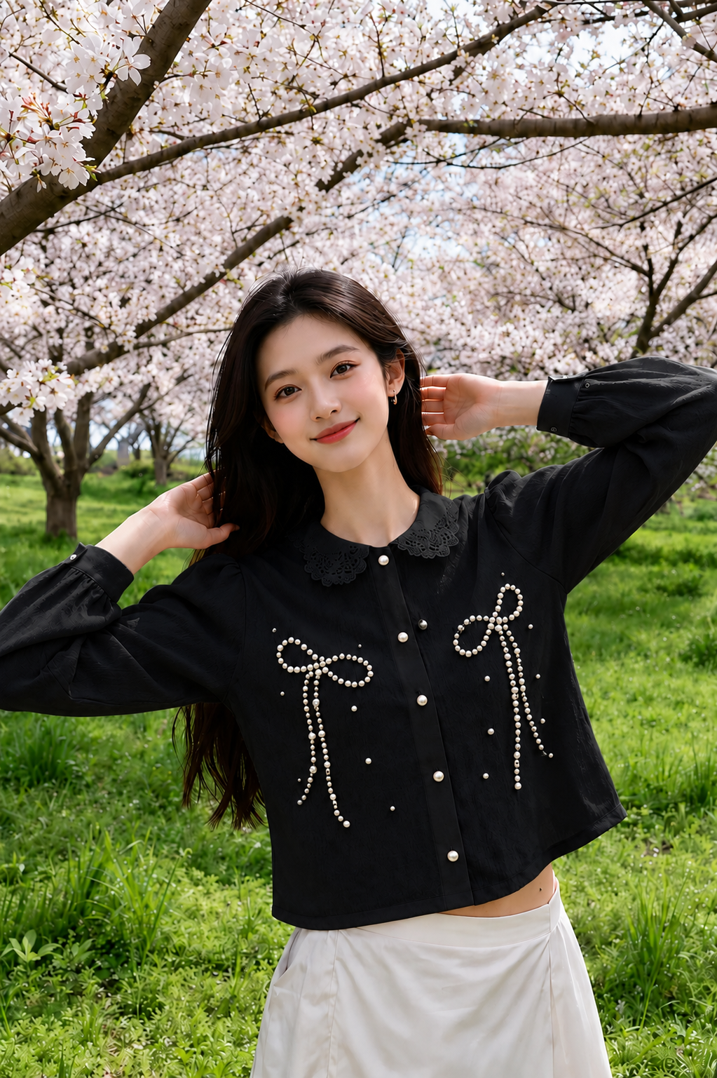 Pearl Bow Embroidered Lace-Collar Shirt