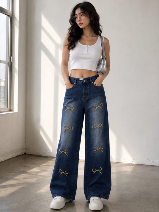 Embroidered Ribbon Bow Wide-Leg Jeans