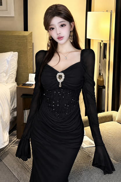 Jeweled Brooch Mermaid Maxi Dress with Bell Sleeves