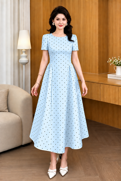 Vintage Polka Dot Pleated A-Line Midi Dress