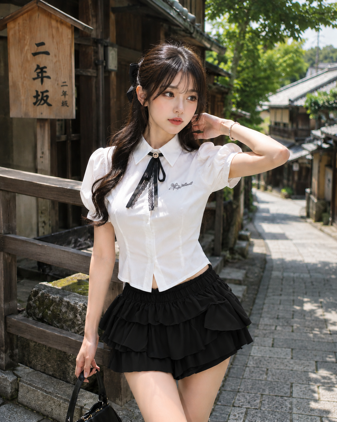 Contrast Collar Puff-Sleeve Blouse and Tiered Ruffle Shorts Set