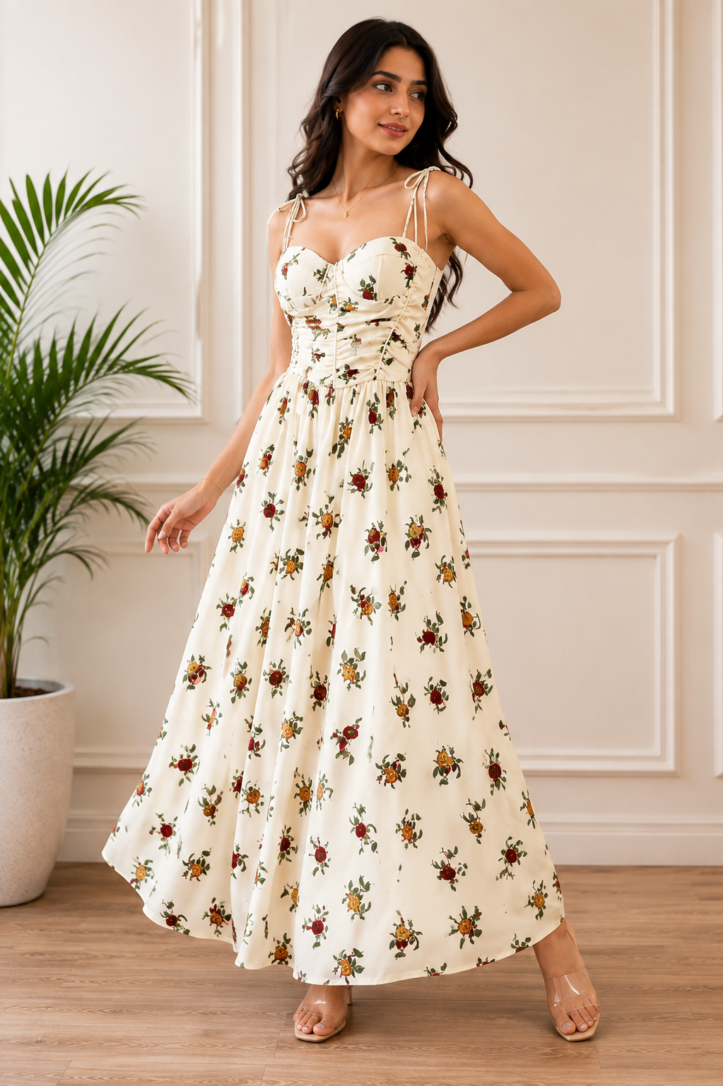 Floral Corset Bustier Tie-Shoulder Maxi Dress