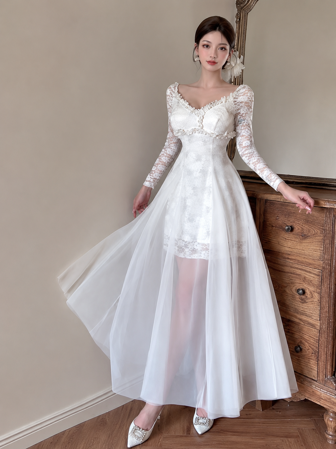 Floral Lace Pearl-Trim Gown with Tulle Overlay Skirt