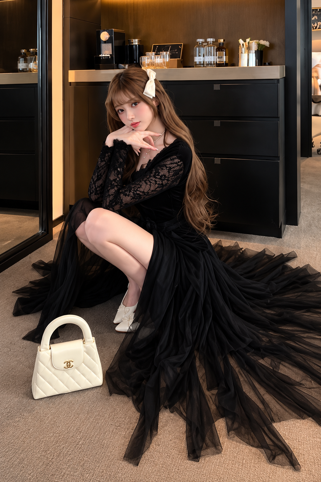 High-Low Tiered Tulle & Floral Lace Evening Gown with Train